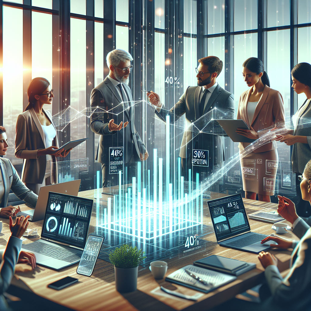 A collaborative office scene showing professionals discussing the positive impacts of scheduling automation on productivity, with data visualizations illustrating significant improvements.