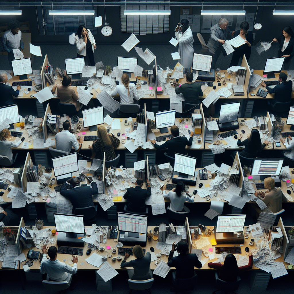A disorganized office scene illustrating the scheduling challenges faced by B2B organizations, with stressed employees surrounded by mismatched schedules.