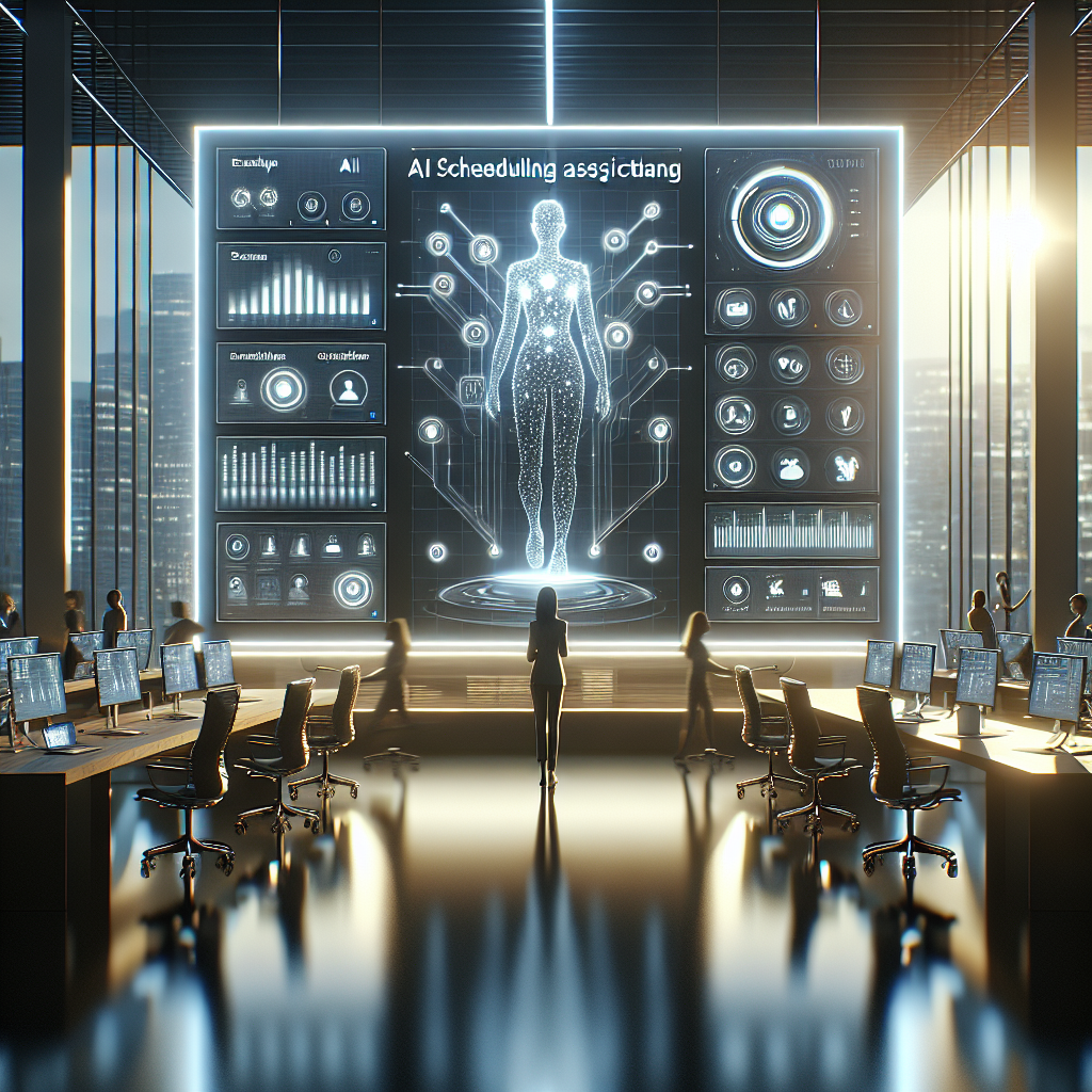 A high-tech workspace showcasing a professional using an AI-driven scheduling dashboard to optimize team meetings and enhance efficiency.