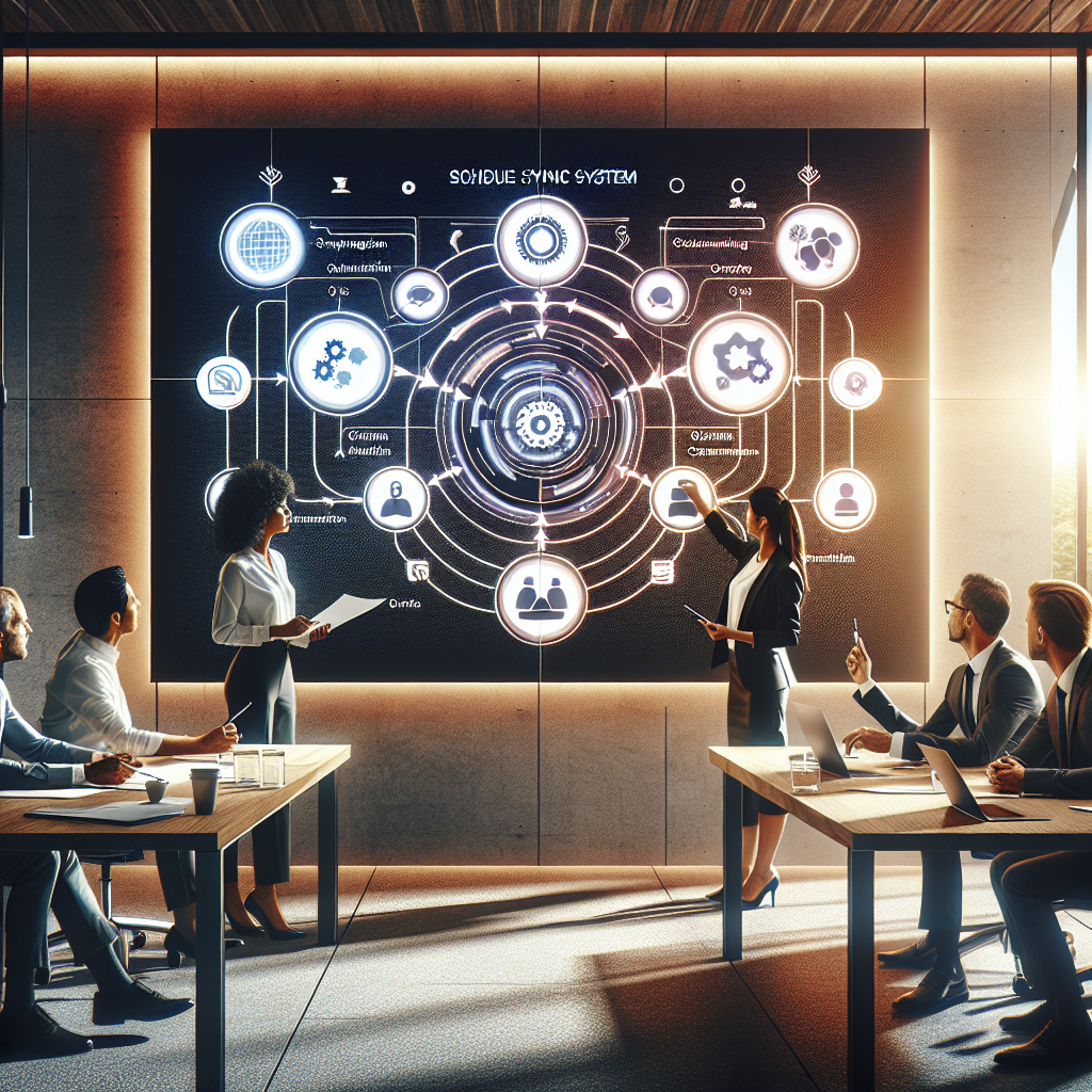A team discussion in a meeting room centered around the Schedly Sync System diagram, emphasizing the stages of scheduling efficiency.
