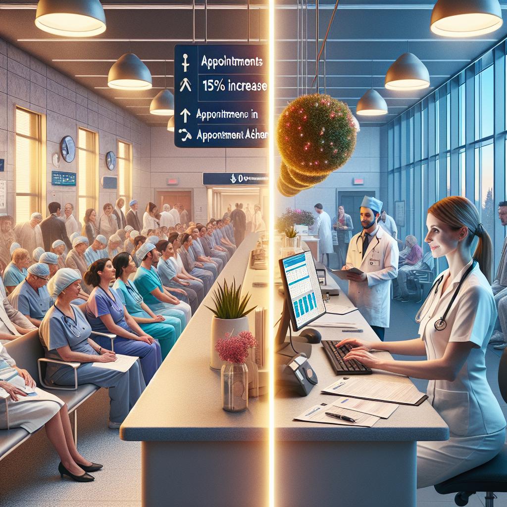 A split-scene image contrasting the chaotic before and the efficient after of scheduling automation in a healthcare setting, highlighting improvements in patient experience.