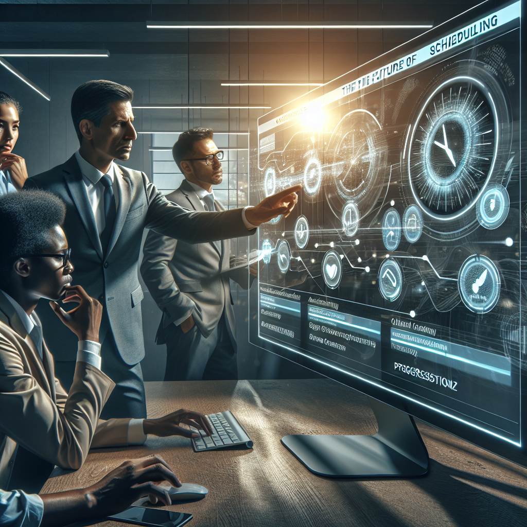A diverse team in a modern office discussing scheduling automation with a dynamic touchscreen display, symbolizing efficiency.