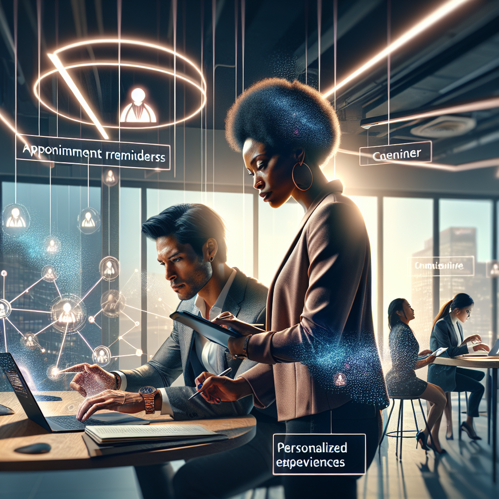 Professionals in a co-working space customizing a scheduling platform to enhance client engagement through personalization.