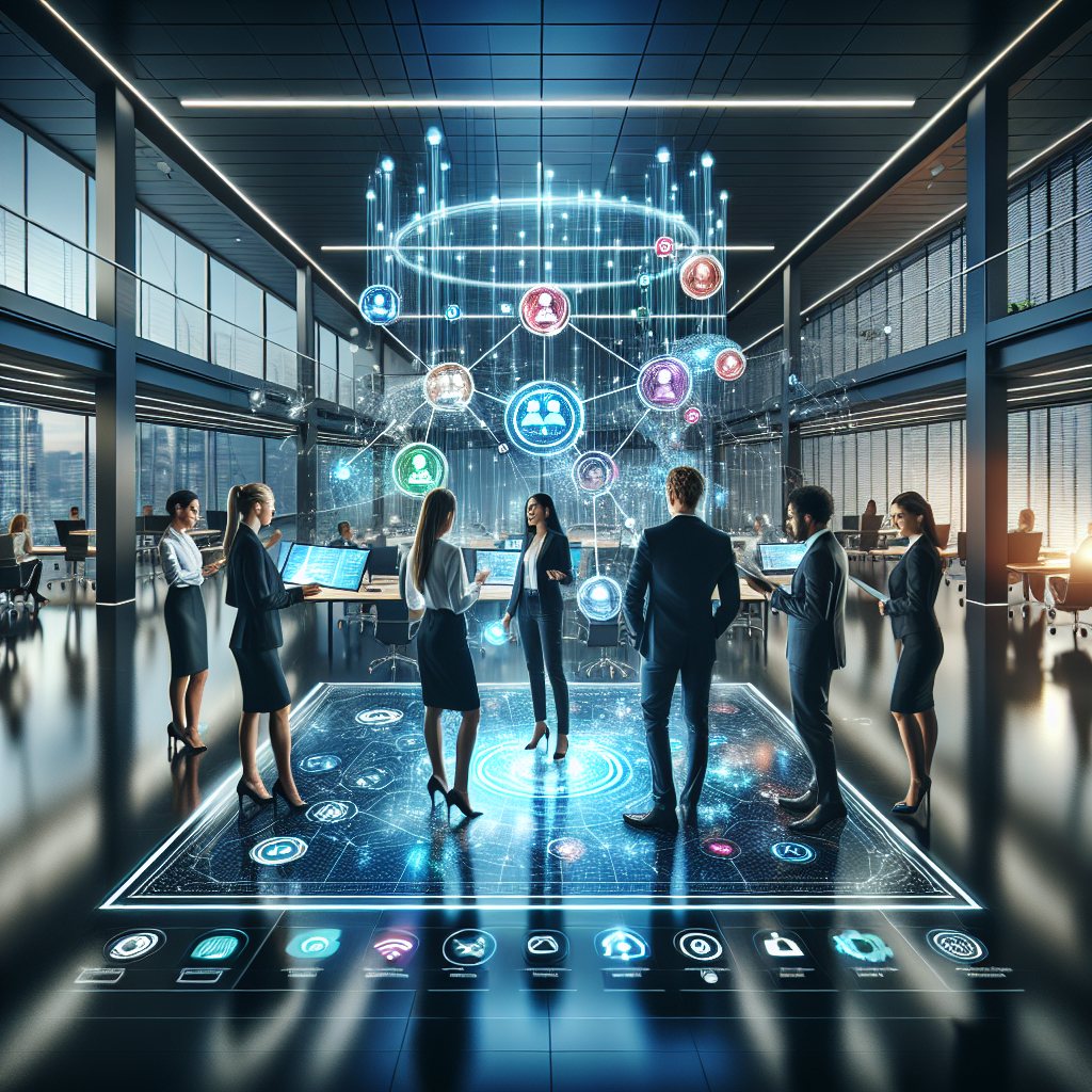 A modern office scene with a diverse team collaborating around a digital screen showing interconnected icons for tasks and communication, symbolizing effective scheduling tools.