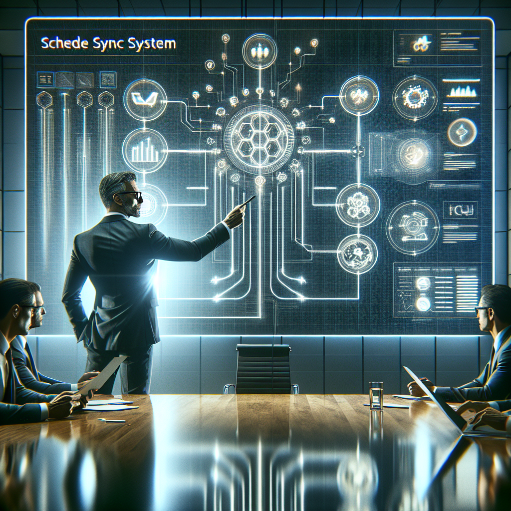 A focused operations manager points at a detailed flowchart on a digital board, illustrating the Schedly Sync System's interconnected nodes and interactions.