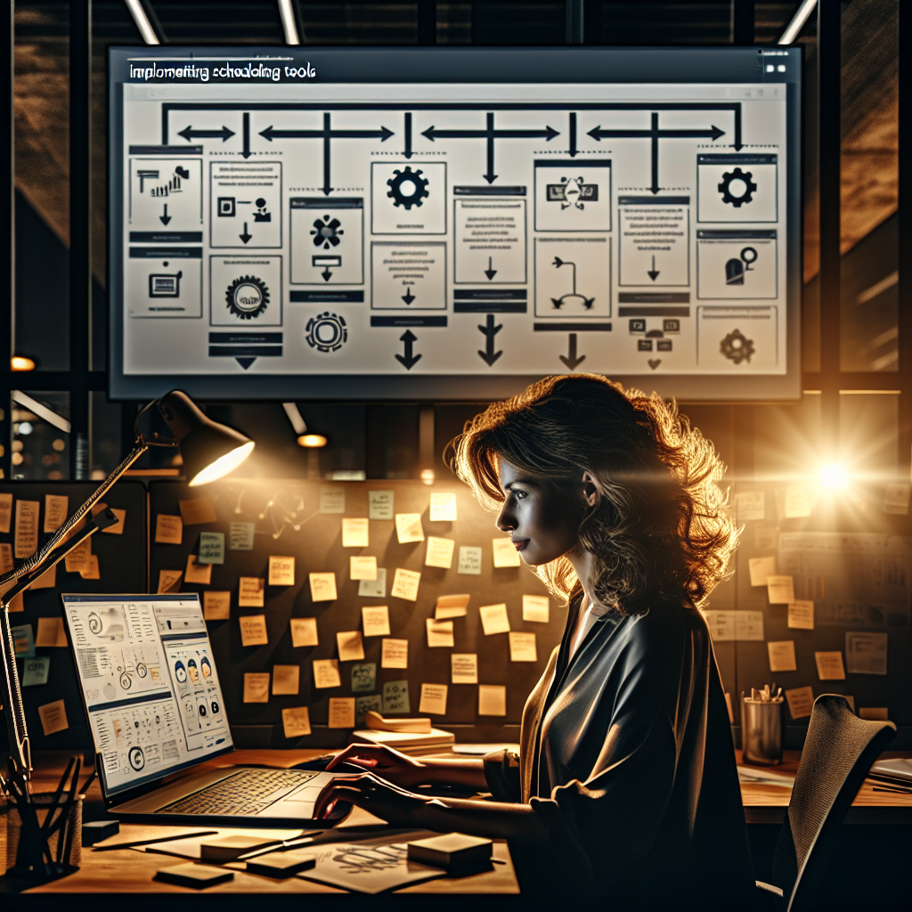 A project manager reviews a step-by-step visual workflow for implementing scheduling tools on her laptop, surrounded by a warm and organized workspace.