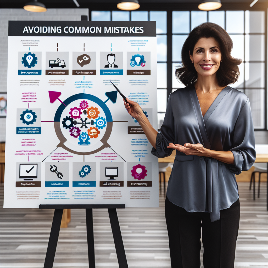 A facilitator presents an infographic in a training room, highlighting common mistakes in scheduling tool implementation with icons and corrective actions.