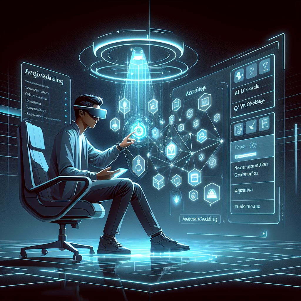 A freelancer in a futuristic office interacts with a holographic interface for AI-driven scheduling while wearing VR goggles, representing advanced personalization and engagement.