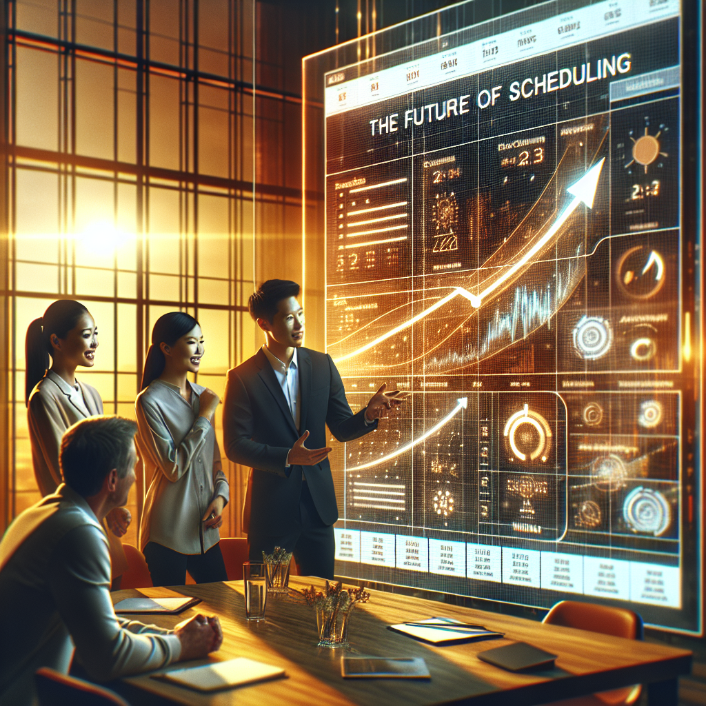 A diverse team of professionals gathered around a digital touchscreen, illustrating the evolution of scheduling automation from manual to digital.