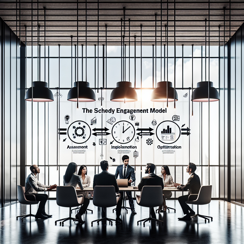 A diverse team brainstorming in a conference room with a whiteboard illustrating the Schedly Engagement Model, showcasing collaboration and process.
