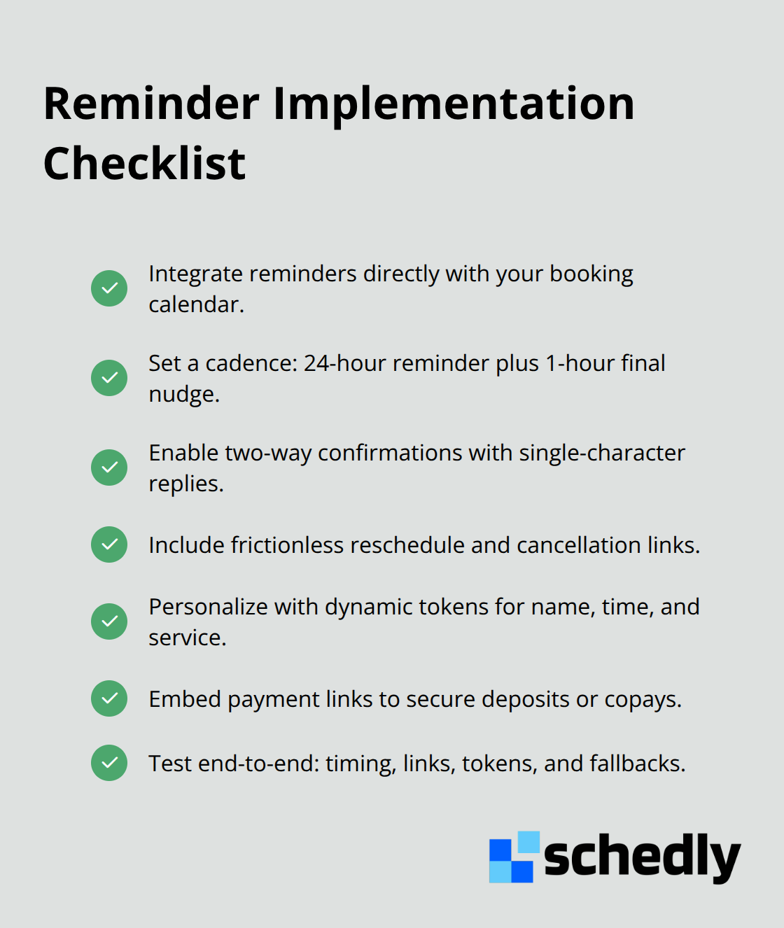 Checklist of steps to set up high-performing automated appointment reminders.