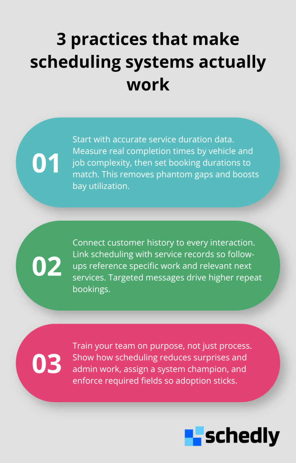 Three-point list of implementation practices for successful scheduling adoption - Automotive service scheduling
