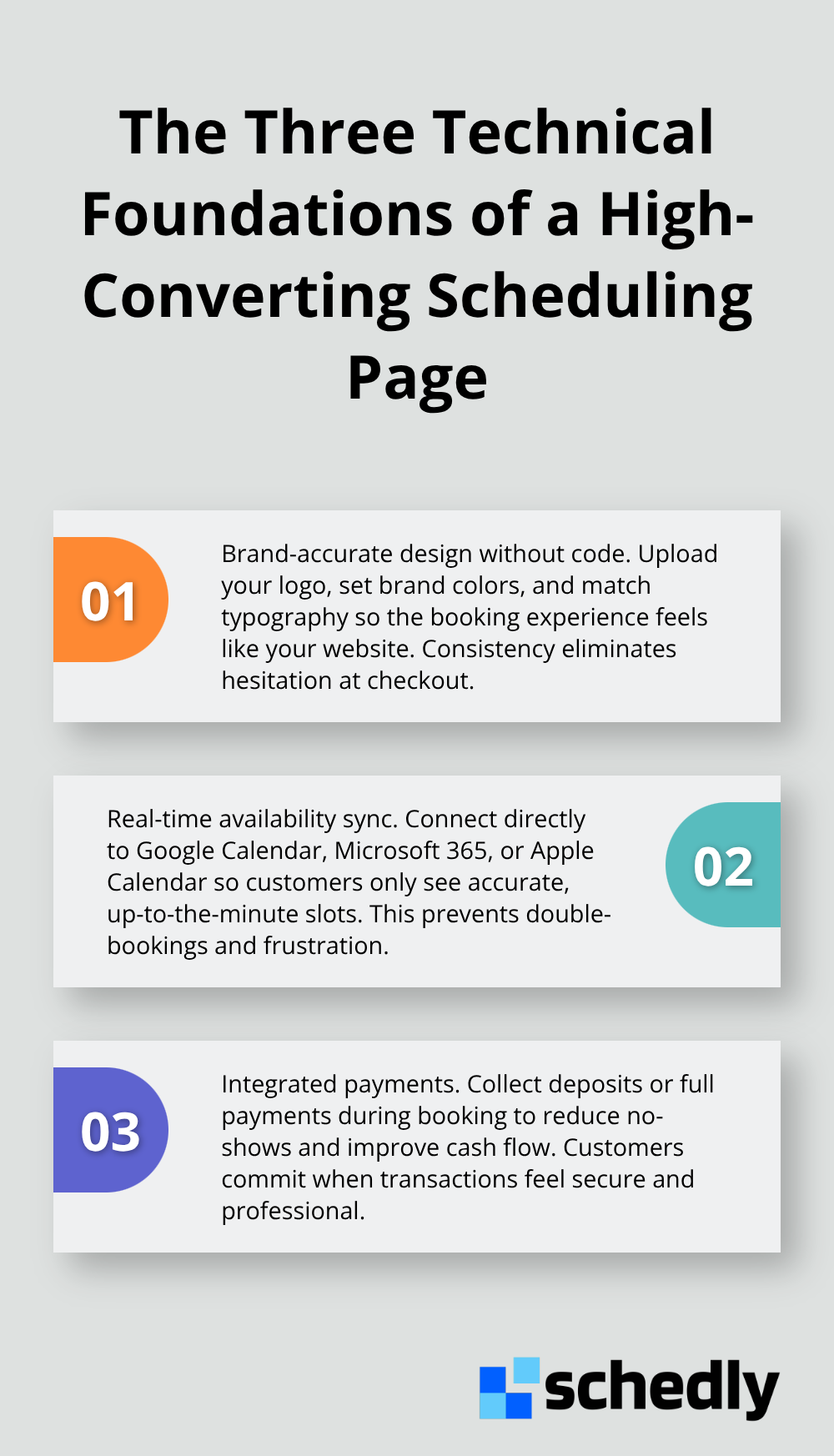 Three core pillars: brand-accurate design, real-time availability, and integrated payments - Branded scheduling page benefits