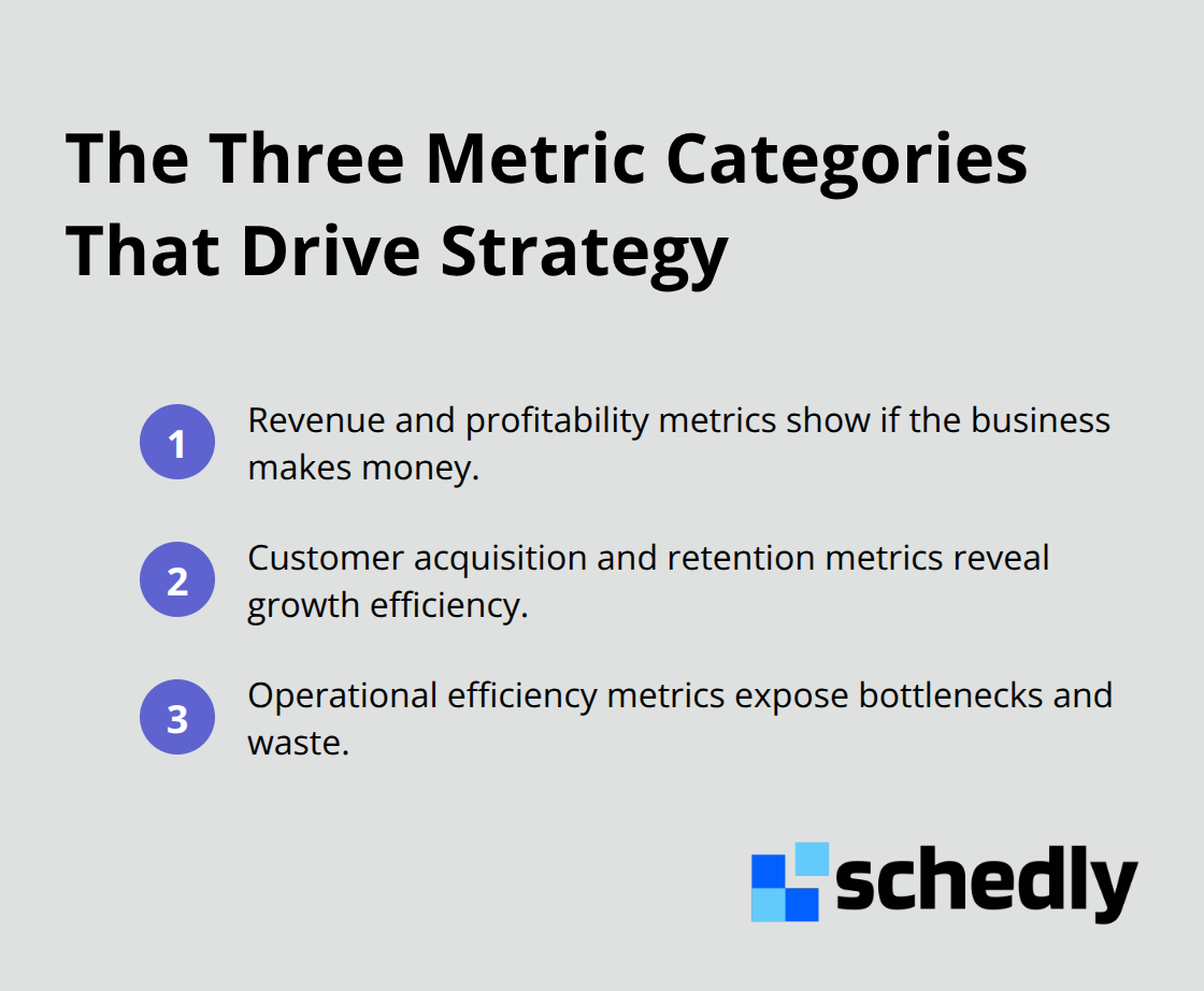 Compact list showing the three categories of metrics that guide strategic decisions.