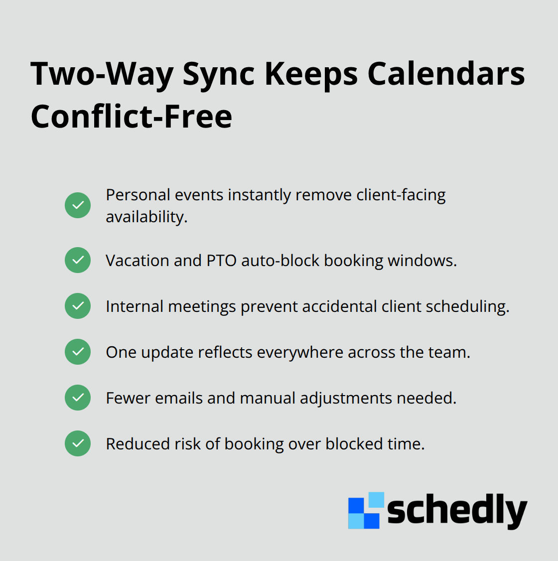 Benefits checklist of real-time calendar synchronization with Google Calendar - double booking prevention