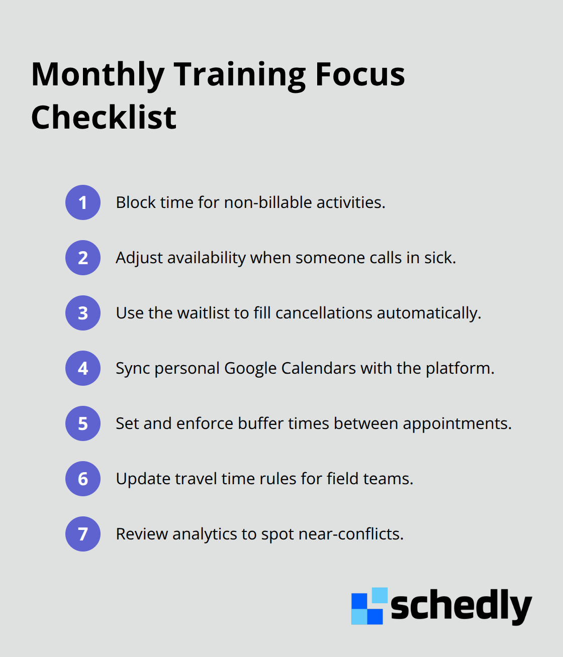 Concise list of key scheduling software skills to review with your team - double booking prevention