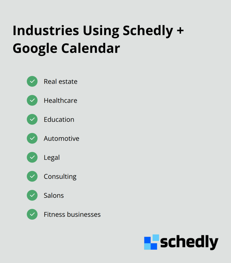 List of industries that commonly use Schedly with Google Calendar - Google Calendar integration