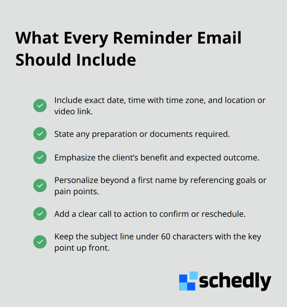 Checklist of must-have elements for high-performing reminder emails. - Automated reminder emails