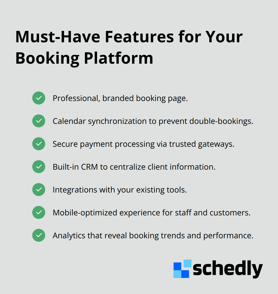 Checklist of essential booking platform features including branding, calendar sync, secure payments, CRM, integrations, mobile, and analytics.