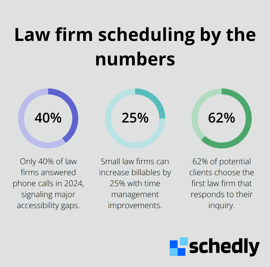 Three key percentages illustrating law firm scheduling realities and conversion impact - legal meeting scheduling