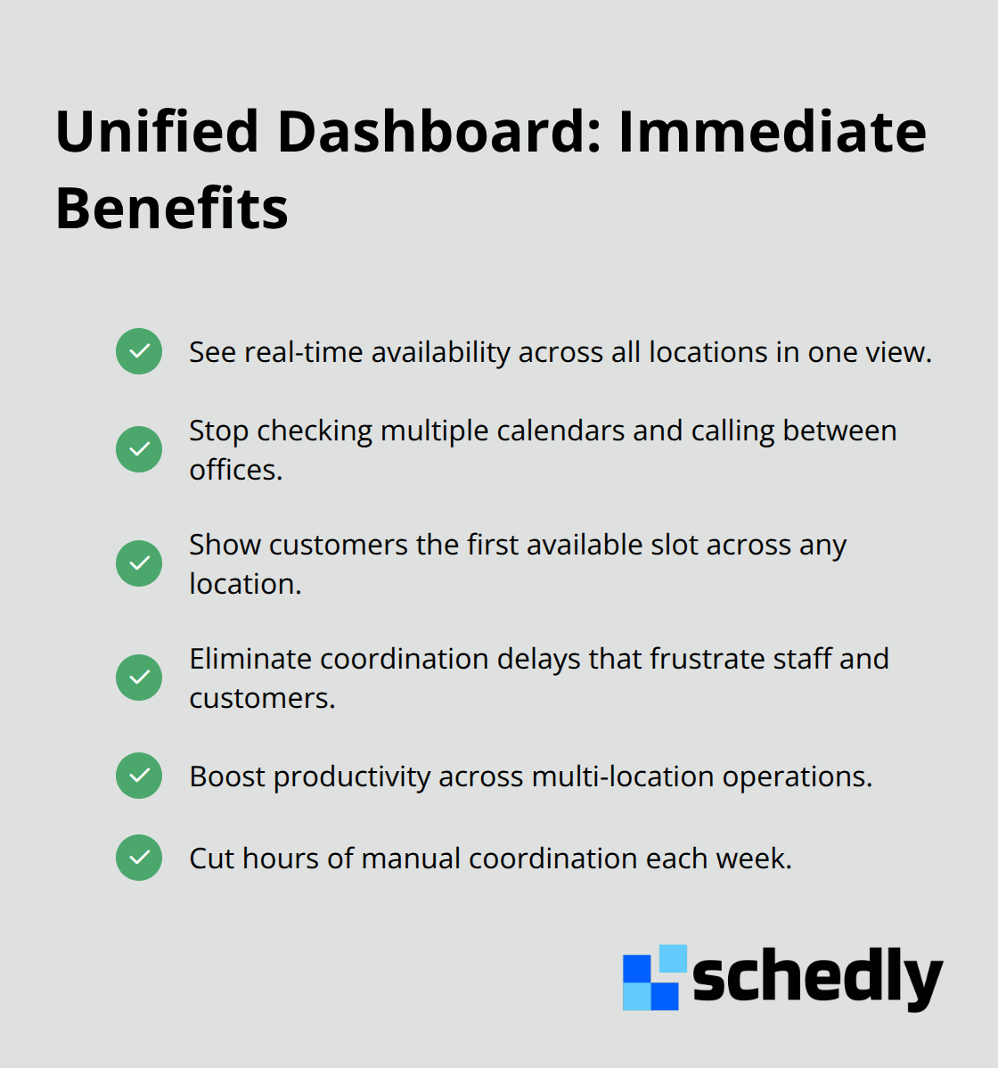 Checklist of benefits delivered by a single, real-time multi-location scheduling dashboard. - multi location scheduling
