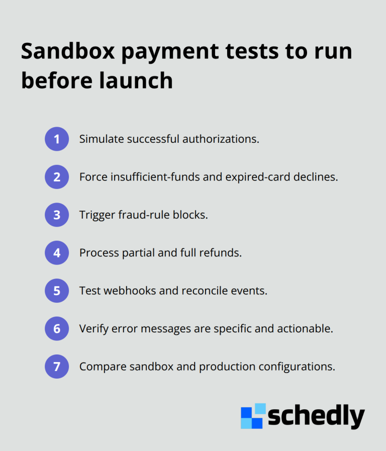 Compact checklist of critical payment tests to run in sandbox
