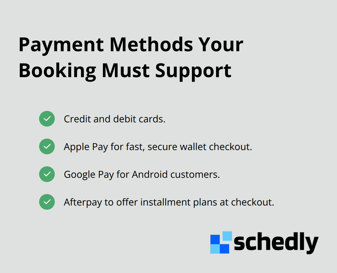 Checklist of essential payment methods for a U.S. booking system. - payments for bookings