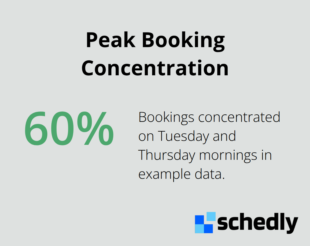 Example showing 60% of bookings concentrated on Tuesday and Thursday mornings. - Scheduling analytics insights