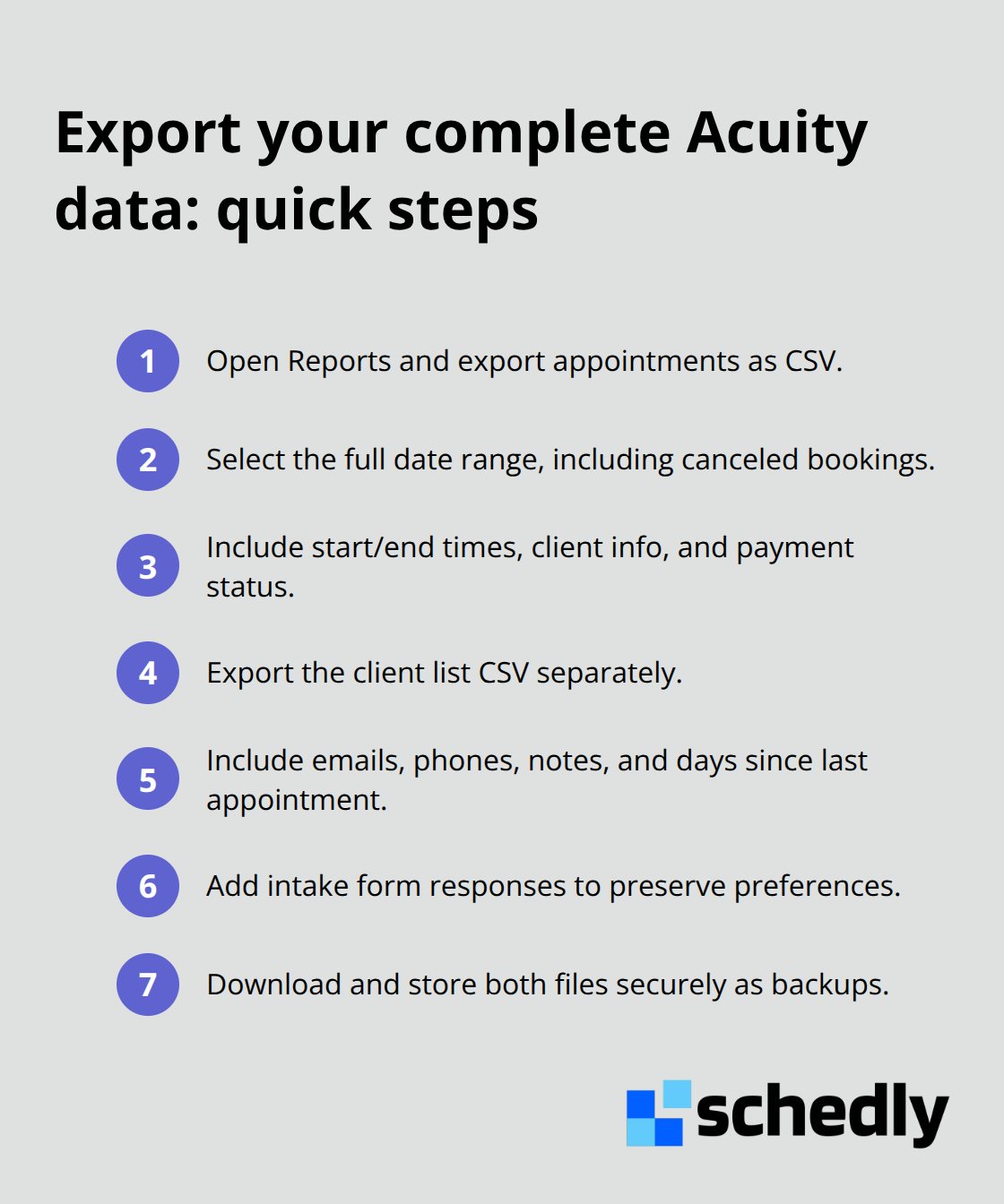 Step-by-step checklist for exporting all Acuity data to CSV